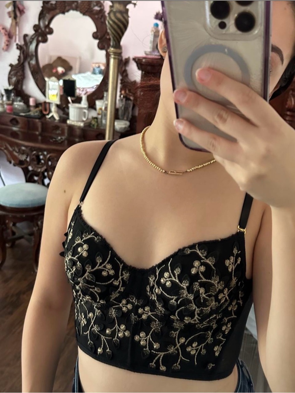 Gold-Embroidered Black Bustier Cami